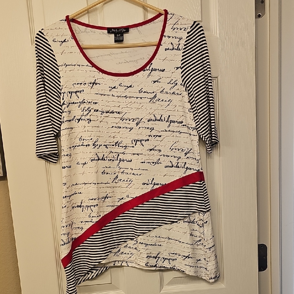 Michael Tyler White Script Print Scoop Neck Top with Black Stripes and Red Trim